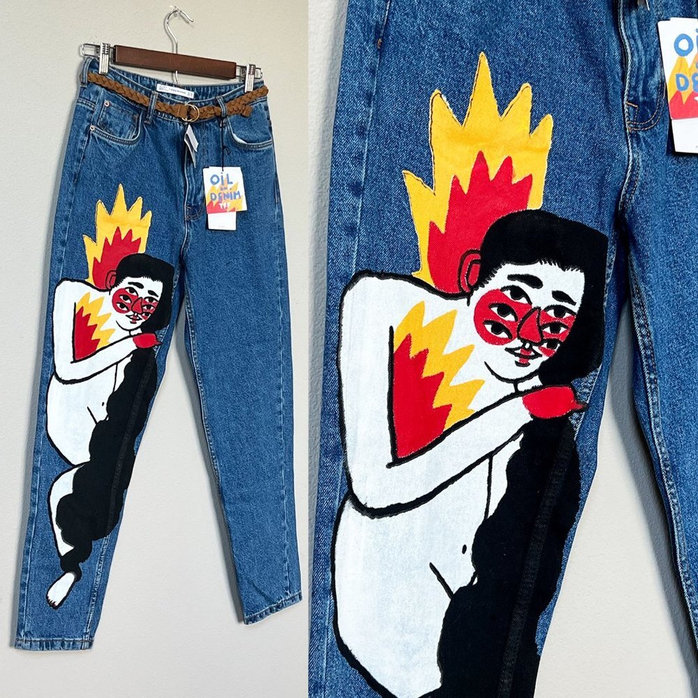 NEW TRF Zara x Ricardo Cavolo Hand Oil Painted Mom Jeans 4 + Belt Dark Wash Rare - Picture 3 of 16